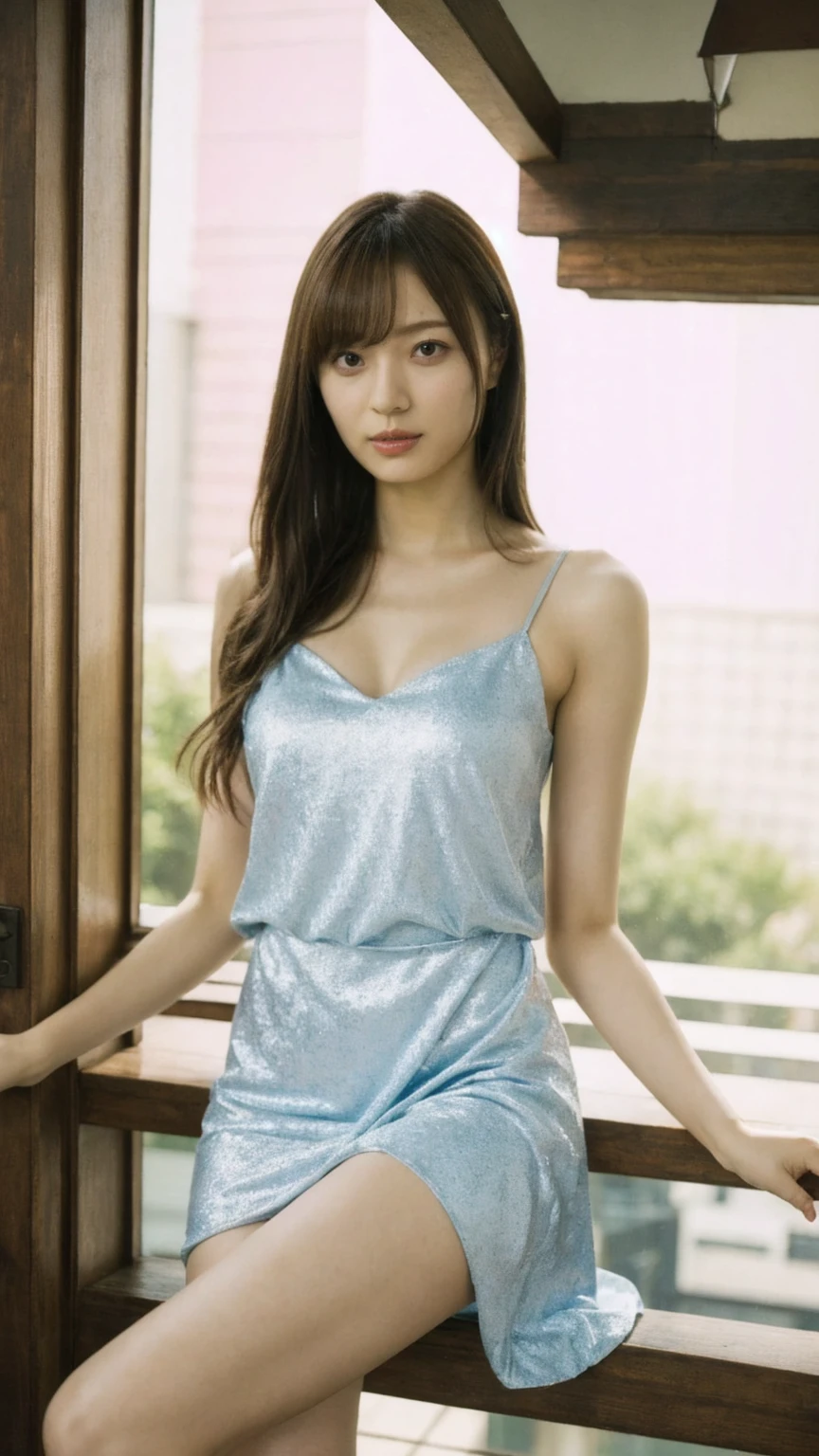 An Asian girl, delicate facial features, vivid eyes, tall figure, masterpiece, 8K, RAW, professional photography, more details, award-winning works, ultra high definition, retina screen, solution learning correct, (Trueness: 1.4), dress, (transparent pantyhose: 1.4), soft light, full body view, 85mm1.2, in the villa