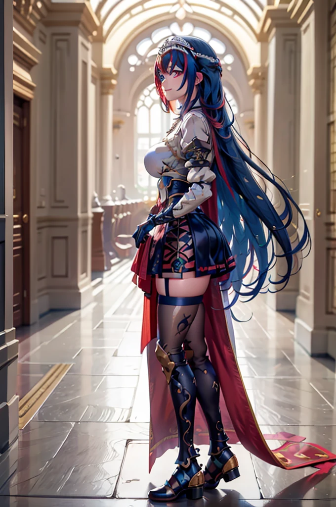 (extremely detailed CG),(best quality),1girl,perfect face,bright pupils,(finely detailed beautiful eyes),very long hair,shiny skin,lustrous skin,wide hips,narrow waist,alear \(fire emblem\),heterochromia,crossed bangs,split-color hair,tiara,armor,gloves,jewelry,thighhighs,skirt,boots,full body,standing,depth of field,light smile,castle background,from side,