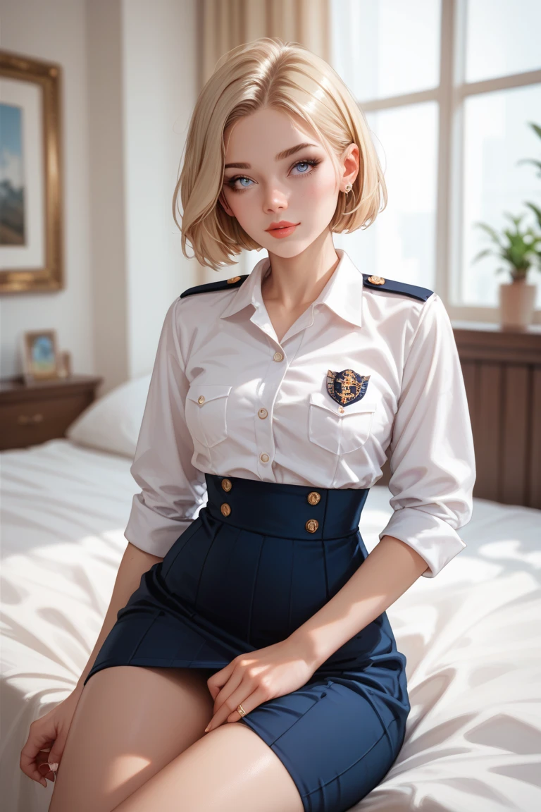 Sleeping Girl, 20 years old, Realistic,Wearing Anna Millers uniform,Open legs, Expressions of satisfaction and relief, Brown hair. Pink bed theme and some cute stuffed animals on the bed,An ultra-high picture quality,high-detail,Get up,