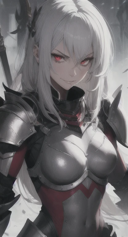 female elf knight, full body art, silver hair, white skin, red iris eye, knight full plate adorned armor, silver cape, perfectly detailed