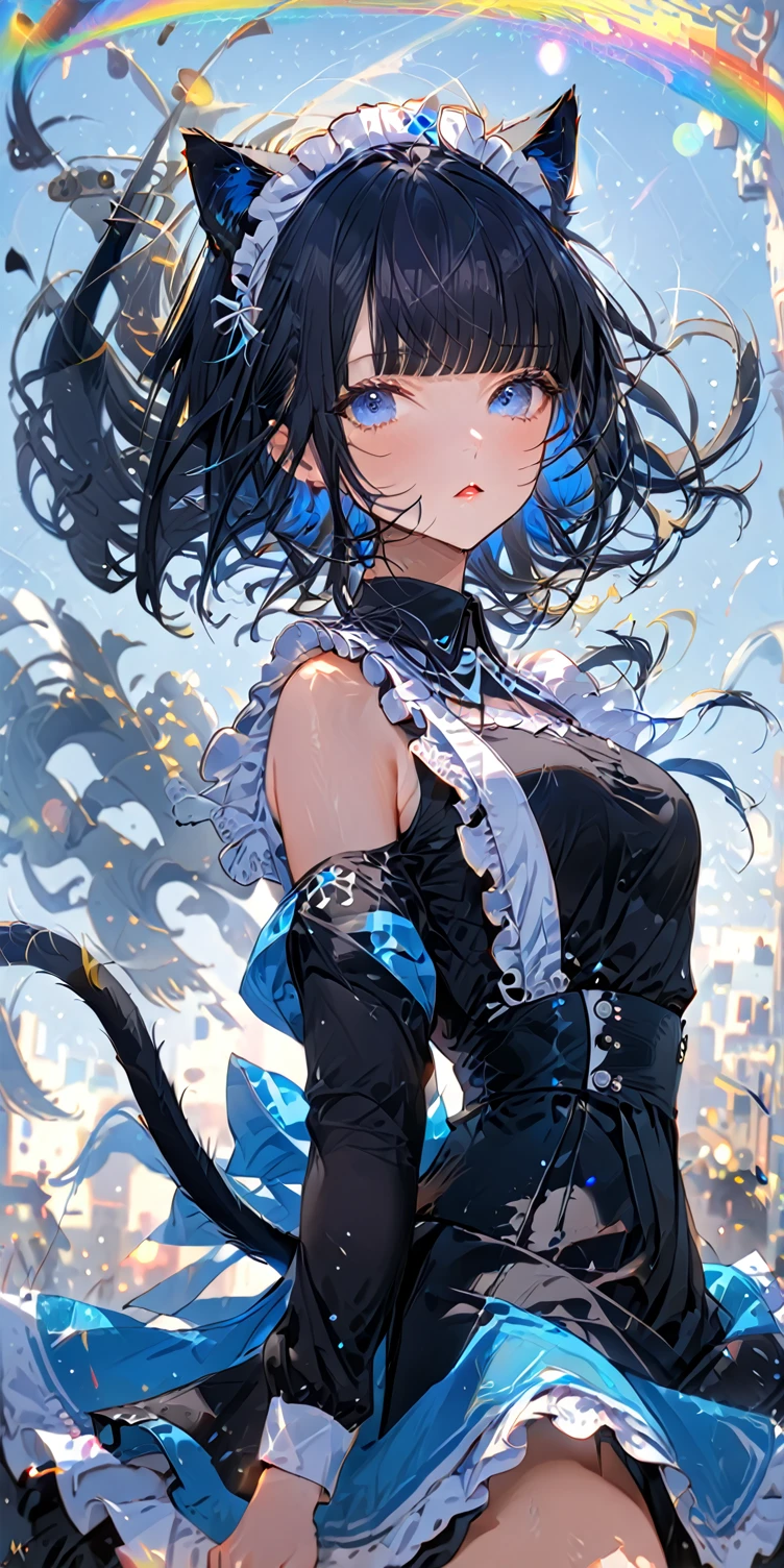 1girl, absurdly long black hair blunt bangs, blue eyes, cat ears, cat tail, chestnut mouth, large breast, open shoulder maid uniform, high waist short skirt, wind browing, floating hair, white background, contrapposto, cool expression, from below, look at viewer, soft focus, lens flare, masterpiece, best quality, vivid light color, Vector Art, 2D flat, simple shapes, professional graphic, flat color, Sleek design, 1girl, absurdly long black hair blunt bangs, blue eyes, cat ears, cat tail, chestnut mouth, large breast, open shoulder maid uniform, high waist short skirt, wind browing, floating hair, white background, contrapposto, cool expression, from below, look at viewer, soft focus, lens flare, masterpiece, best quality, Matte frosted color, Vibrant colors, Layering impasto (oil painting:1.1), ultra-detailed texture, perfect composition, intricate details, high resolution, High contrast, sharp focus, Delicate brushwork, ,AddXL,Dream Scenery