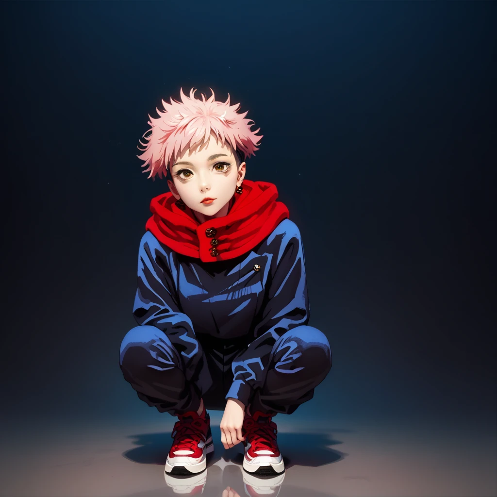 A girl with short pink hair ,  brown eyes ,  with a dark blue blouse and pants ,  in a red hoodie and red and black sneakers, Anime style