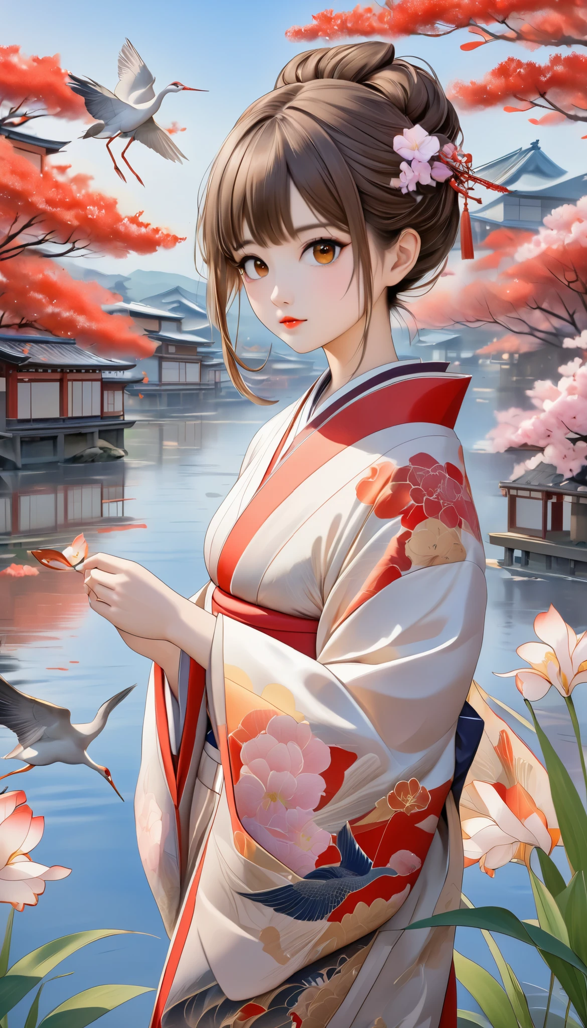 (masterpiece, high definition , High image quality, 8k, best quality), Pencil drawing, Ukiyo-e, Japanese painting, Watercolor and Oil Paintings Fusion , cool beauty, beautiful brown eyes , Shiny, silky, tousled hair, adorable cute expression , perfect proportions , Mid-chest, Wearing a colorful Japanese kimono, Cranes are flying, Scenery images and effects from those times, Classical art, Iris Effect, graphic CG digital art ,