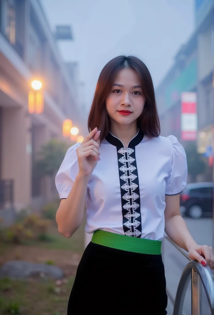 ctai, dattochaitrang,A young woman in Vietnam's traditional Thai ethnic costume poses outdoors on the streets of Hanoi in the early evening, foggy landscape. She wears a black and white patterned shirt, a white embroidered shirt, and a black skirt with a green elastic band. The background is brilliant with the beauty of LED lights and light from the buildings