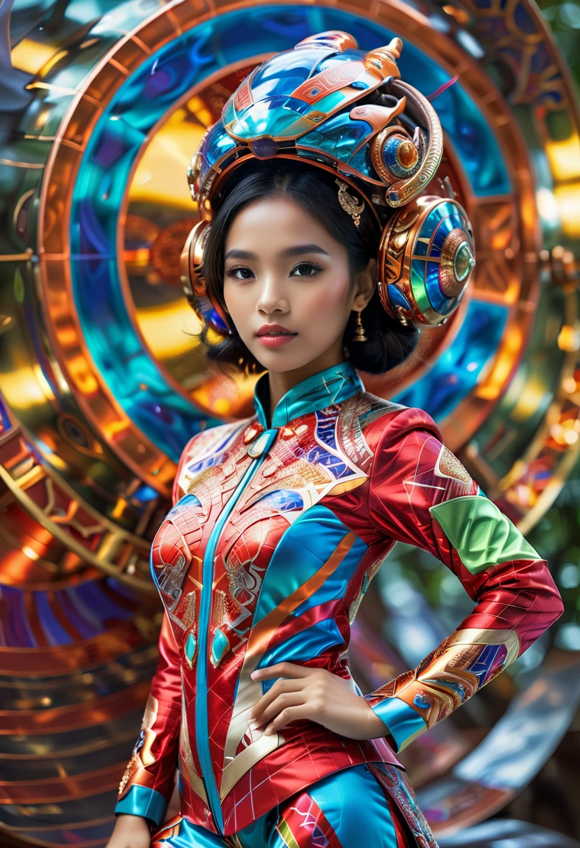 An Indonesian-styled futuristic suit worn by a girl depicting cultural fusion and modern fashion. The suit is adorned with intricate patterns and vibrant colors, showcasing the rich heritage of Indonesia. The girl stands confidently in a dynamic pose, with her detailed eyes reflecting determination and curiosity. The suit's material is a combination of traditional textiles and futuristic synthetic fabrics, giving it a unique and avant-garde appearance. The overall image quality is of the highest standard, with sharp focus and ultra-detailed rendering. The artwork employs physically-based rendering techniques, resulting in realistic lighting and shadows. The colors are vivid and vibrant, capturing the essence of Indonesian cultural aesthetics. The background features a fusion of modern architecture and traditional elements, creating a harmonious blend of the past and the future. The prompt explores the intersection of Indonesian culture, futuristic design, and the artistic representation of a confident girl