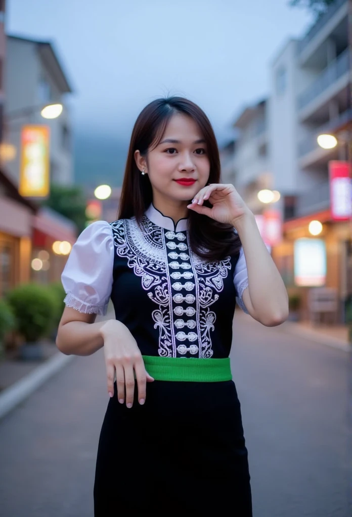 ctai, dattochaitrang,A young woman in Vietnam's traditional Thai ethnic costume poses outdoors on the streets of Hanoi in the early evening, foggy landscape. She wears a black and white patterned shirt, a white embroidered shirt, and a black skirt with a green elastic band. The background is brilliant with the beauty of LED lights and light from the buildings