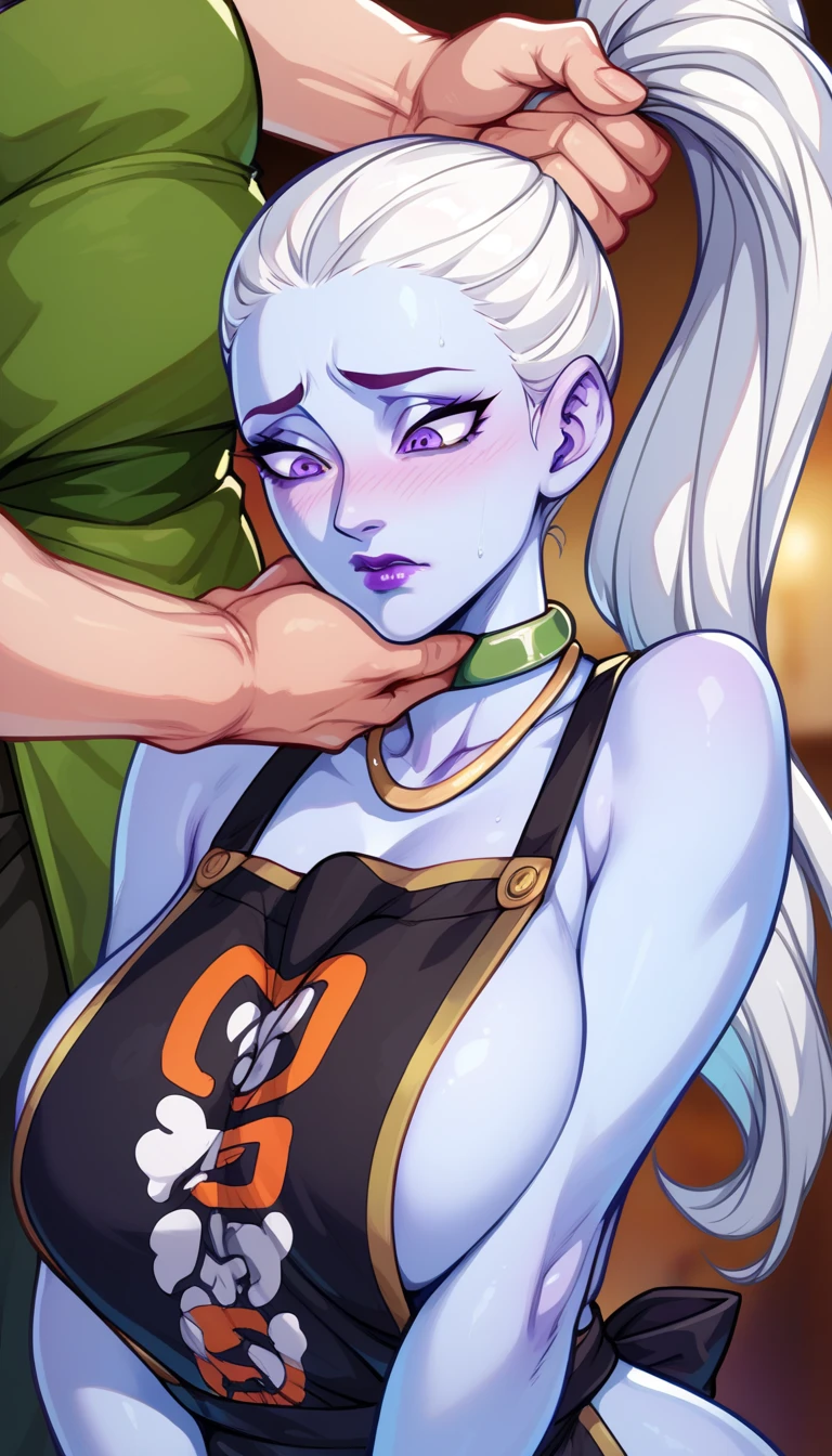 vados,light blue skin,white hair,purple eyes,purple lips, high ponytail, hair pulled back, big breasts, mature female, red face, embarrassed, Ashamed, Suspender Naked Apron, 