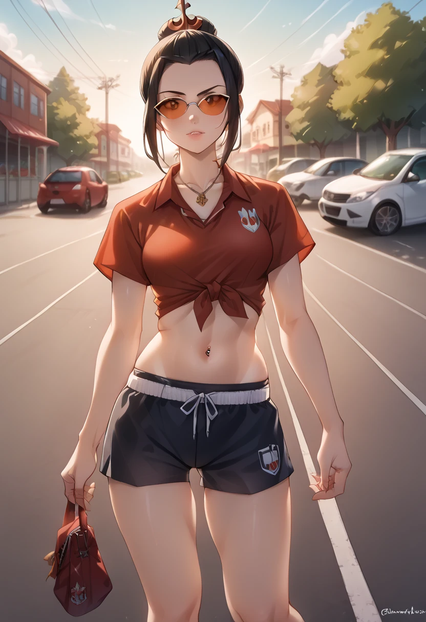 Azula, long black hair, hair ornament, Aviator sunglasses with rose mirrored lenses, necklace with fire nation pendant, Pendant between the breasts, big and perky breasts, hard nipples, Manchester United football team shirt red, top style, belly button piercing,White mini shorts, visible red panty straps on the sides  , Showing from head to toe 