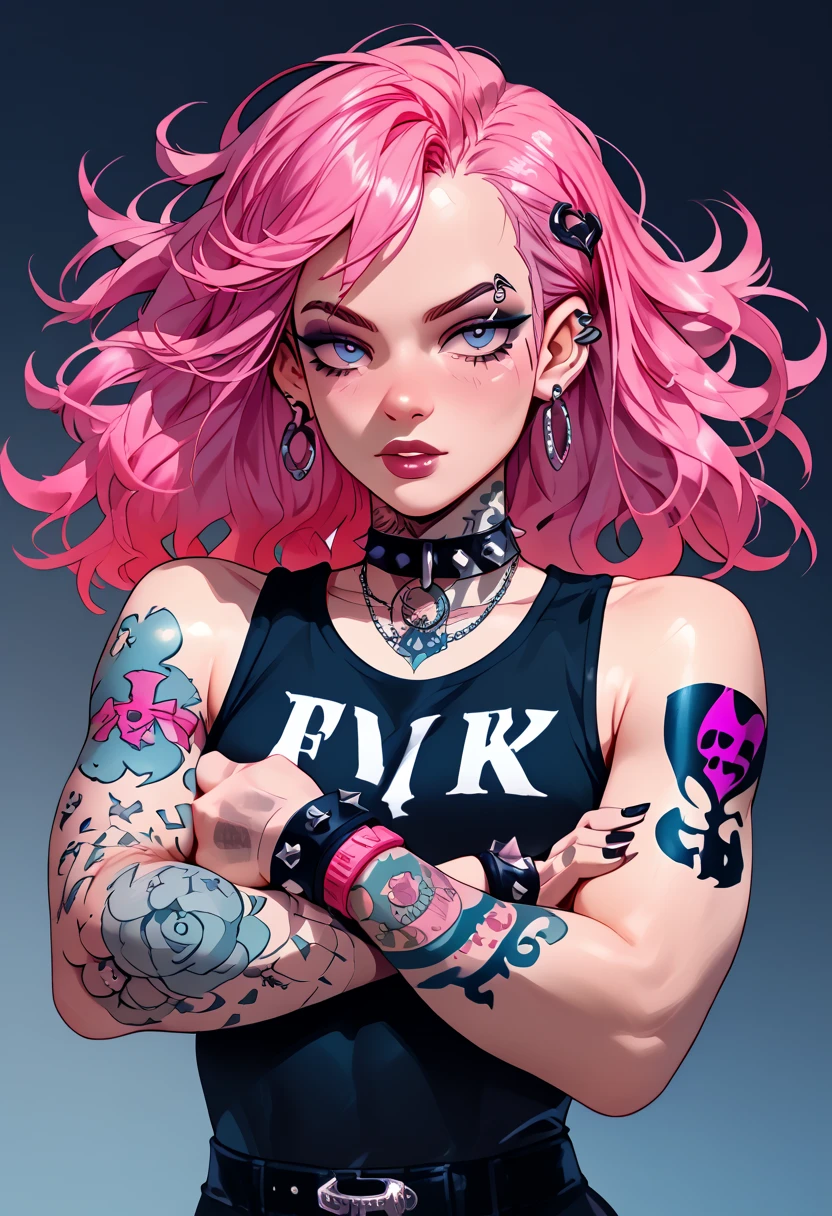 A goth character with long pink hair, fighter, big or medium tits , tattoos on arms
