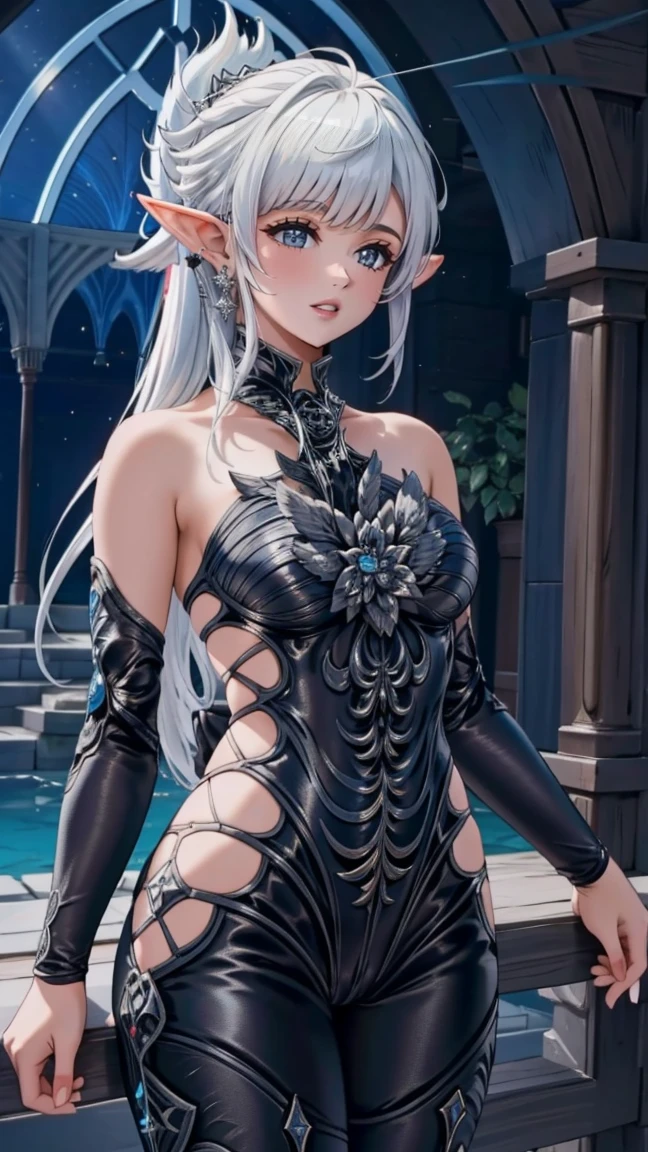 (masterpiece:1.2, best quality), (intricate details), alisaie, (alisaie leveilleur (final fantasy)), 1girl, elf ears, omega F bodysuit, realism, Detailed, intricate, sharp focus, Ultra-detailed, detailed pupils, puffy lips, skindentation, (intricate detail), (Soft Lighting), Charming smile, white hair, nice hips,  low ponytail, medium breasts