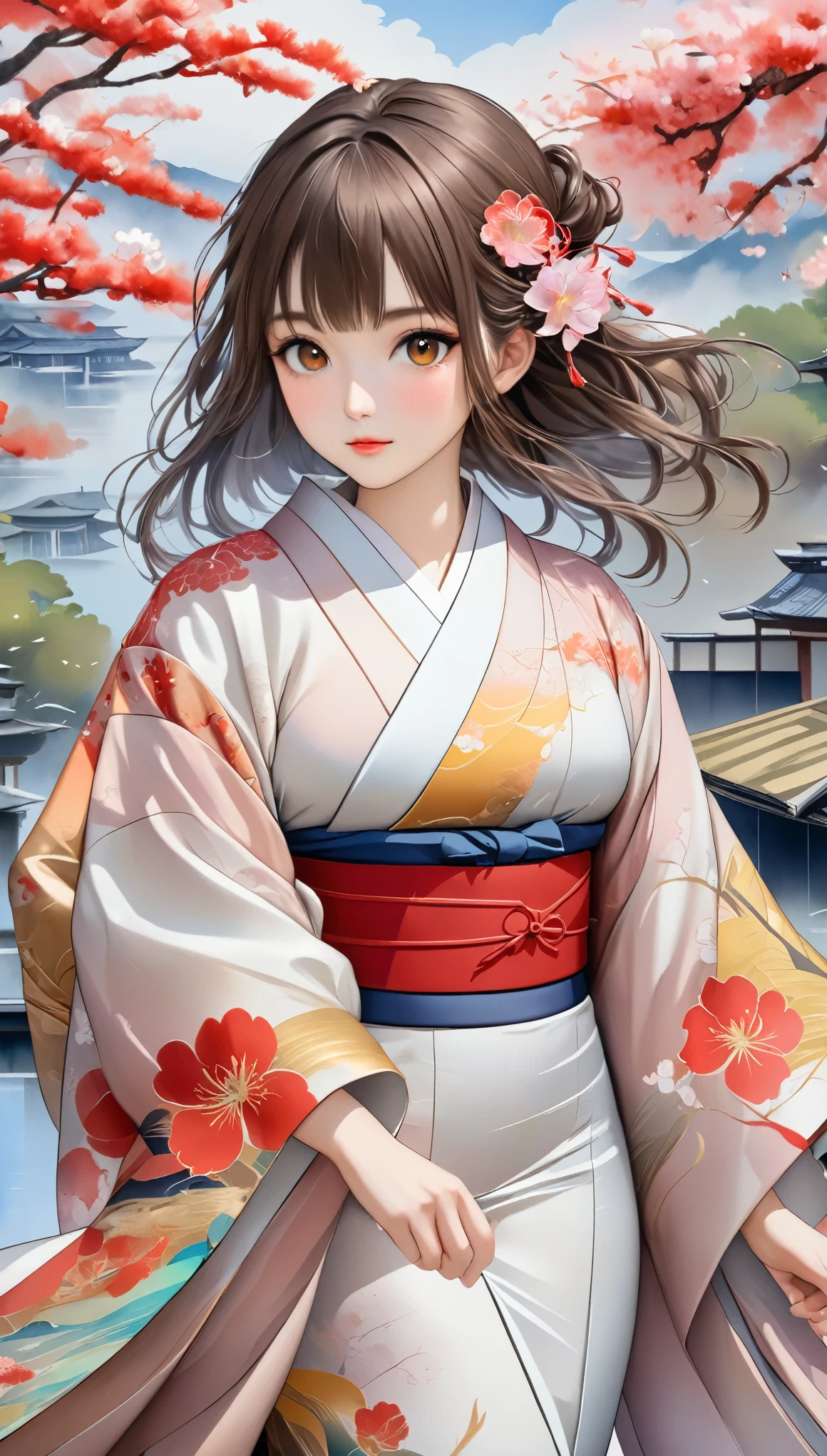 (masterpiece,  high definition , High image quality, 8k,  best quality), Pencil drawing, Ukiyo-e, Japanese painting,  Watercolor and Oil Paintings Fusion ,  cool beauty,  beautiful brown eyes , Shiny, silky, tousled hair,  adorable cute expression ,  perfect proportions , Mid-chest, Wearing a colorful Japanese kimono, Cranes are flying, Scenery images and effects from those times, Classical art, Iris Effect,  graphic CG digital art ,  