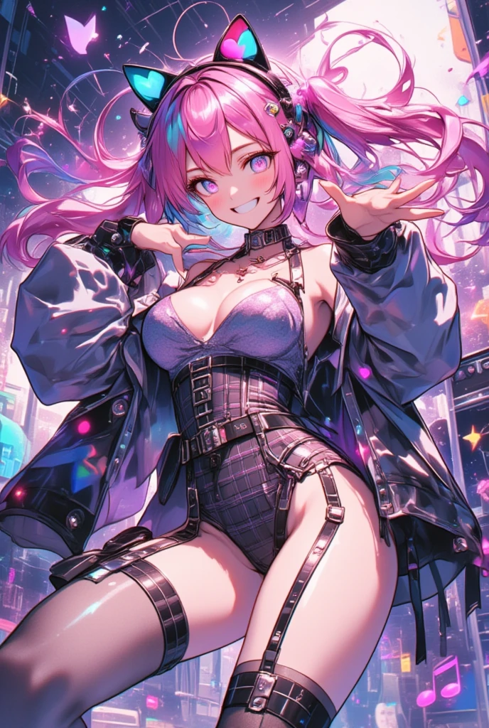 1girl, aldult, (multicolored hair, colored inner hair, pink hair, rainbow hair, huge twintails), behind-the-head headphones, heart hair ornament, musical note hair ornament, musical note hair ornament, mismatched pupils, aqua eyes, cat ear headphones, grin, (Bustier, Abdomen and navel are visible,  shows shoulders, Armpit,  Big Breasts ,  soft breasts , Accurate Fingers, anatomically correct), ( Red and Black Plaid Mini Skirt, Sheer Black Garter Belt , Slender legs),  Wave at Viewers, (UHD, masterpiece, best quality,  highres icon, anatomically correct:1.4), Background with musical notes and music chord chart motifs