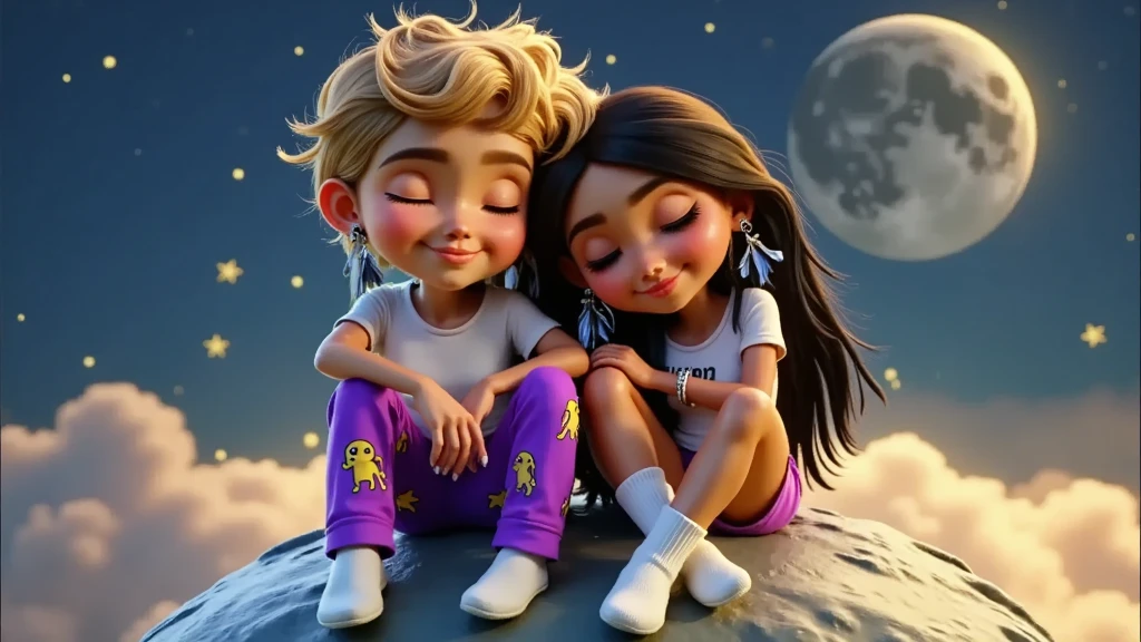 REFERENCE: DISNEY PIXAR 3D CHARACTERS: BOY, , BLOND, SHORT AND CURLY HAIR ON TOP, WEARS WHITE THIST AND PURPLE PAJAMA PANTS WITH YELLOW ALIENS AND WHITE SOCKS, SLEEPING WITH HIS EYES CLOSED AND A SLIGHT SMILE. GIRL, , SLEEPING WITH HER EYES CLOSED, BEAUTIFUL, SENSUAL, ATTRACTIVE, BRAZILIAN INDIAN, LIGHT BROWN SKIN, LONG STRAIGHT BLACK HAIR, WEARING A COLORFUL EARRING, A WHITE TSHIRT AND VERY SHORT PAJAMA SHORTS AND WHITE SOCKS. SCENE: A SKY WITH STARS AND SHOOTING STARS with small details in lilac purple and blue SCENE: THE COUPLE SITTING IN A PLAYFUL AND POETIC WAY ON THE MOON, AS IF IT WERE A DREAM, SHE LEAN HER HEAD ON THE BOY'S SHOULDER, THE BOY LIES HIS HEAD ON HER HEAD.