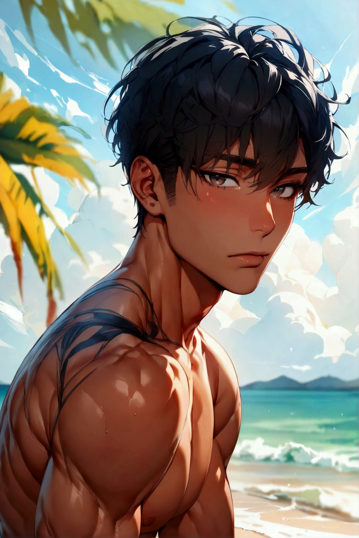 ((masterpiece, best quality, extremely detailed, highres, 8k, detailed face)), male4People surfers、Depiction of the whole body、Black short hair、university student