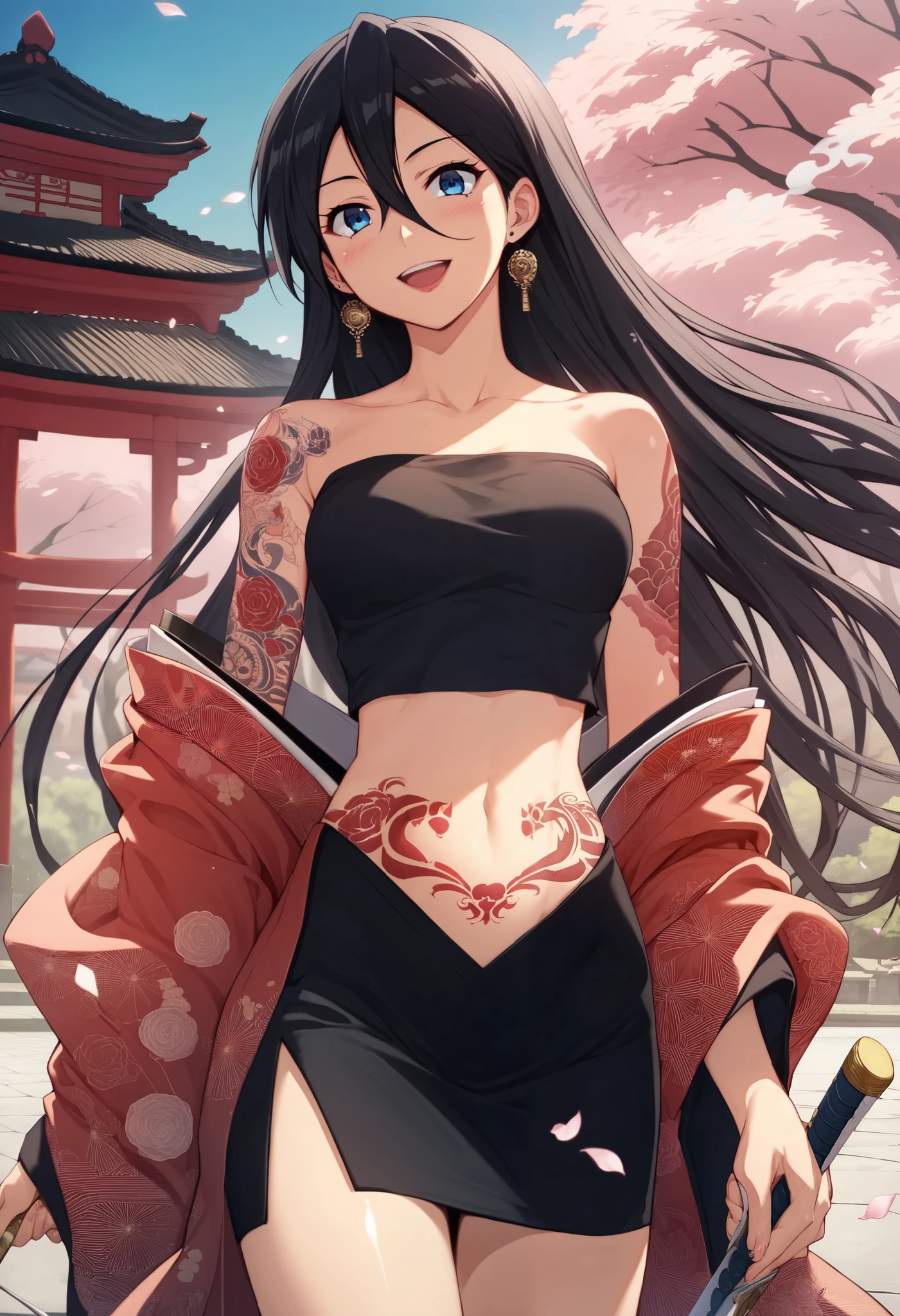 asuka tanaka, long hair, black hair, blue eyes, hair between eyes, anime girl, ear piercing, long hair, blush, lipstick,Hot girl, baddie, smoking, sensual, attractive ,jewelry, earrings, masterpiece, best quality, highly detailed, a anime girl in kimono dress ,holding sword, bare
shoulder,open kimono, evil smile, open mouth, crop top , (nsfw) not safe for work, smile, ecchi anime
style, anime girls, ecchi style, ecchi, digital anime art!!, in anime style, official artwork, visual novel cg,
beautiful anime girl, anime style 4 k, kimono pencil skirt, exposed belly, exposed navel,
exposed midriff, exposed lower belly, outdoor, japanese architecture, temple, tattoo, tattoo midriff, rose tattoo, shiny skin