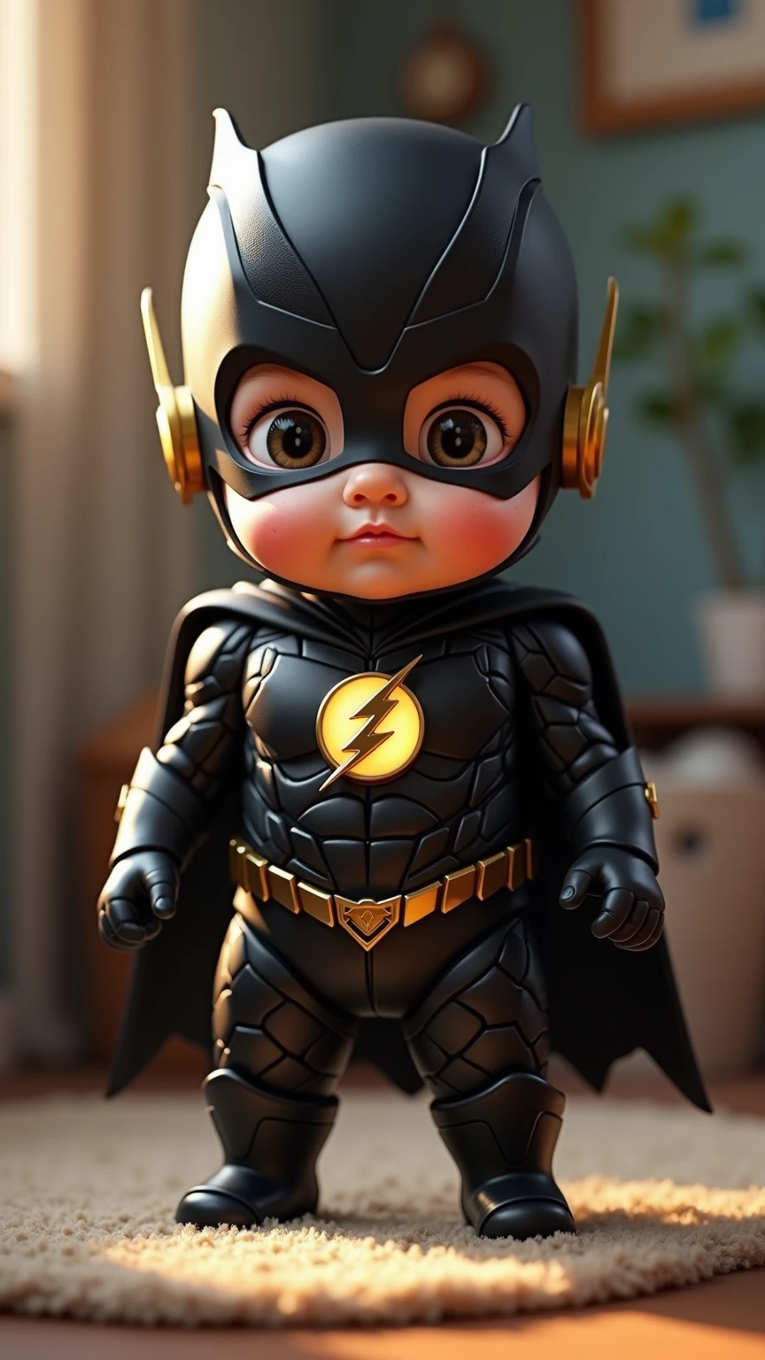a baby boy the flash, cute pose, very cute, detailed face, detailed fat body, detailed outfit (reality: 1.4), (A hyper-realistic), (high resolution), (8K), (highly detailed), ( Best Illustration), (detailed eyes), (ultra-detailliert), Bright lighting, Professional Lighting, The background is a dark city clouds and moon.