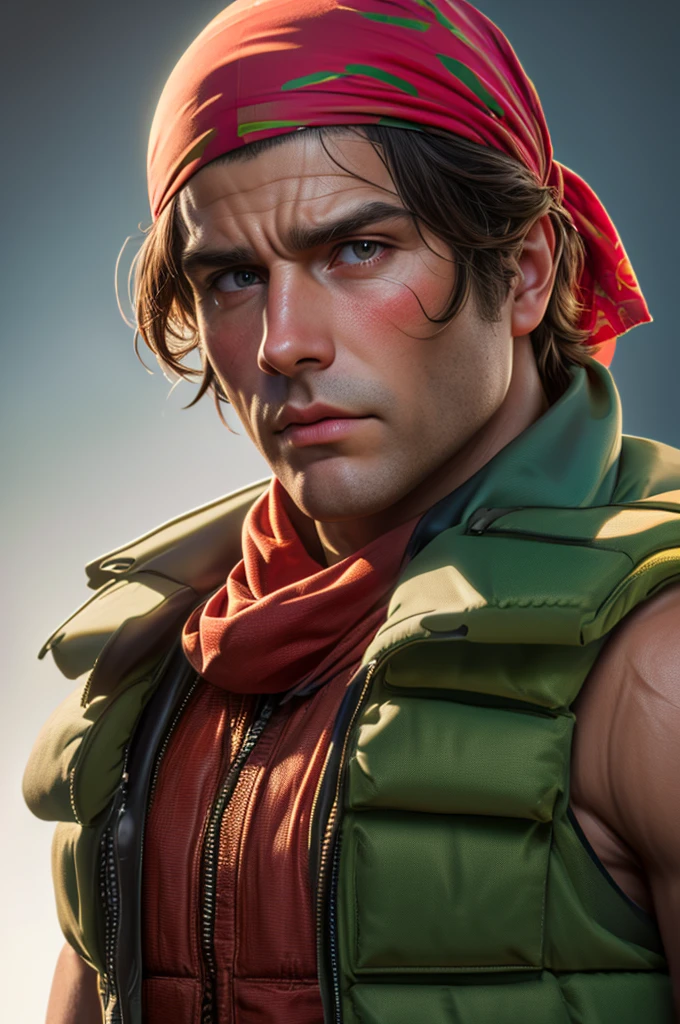 (Best image quality, highest quality, Highest Resolution, Ultra-Realistic Images, Very detailed, masterpiece, 8k), One man, blush, serious look, Browsing Caution, half body, perfect face, perfect body, bust, vest, red bandana, gloves, Brown hair