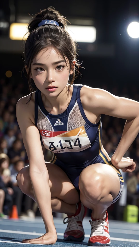 (masutepiece:1.3), (8K, Photorealistic, Raw photography, Best Quality: 1.4), japanse, Beautiful face, (Lifelike face), (Short-cut hair:1.3), Realistic eyes, Beautiful eyes, (realskin), Beautiful skin, Ultra high definition, Hyper-realistic, hight resolution, Beautiful Japan Woman、、(Athletics stadium at night、Land Track:1.5)、track and field、(Show the armpits:1.4)、(Hands behind the head:1.2)、glares、