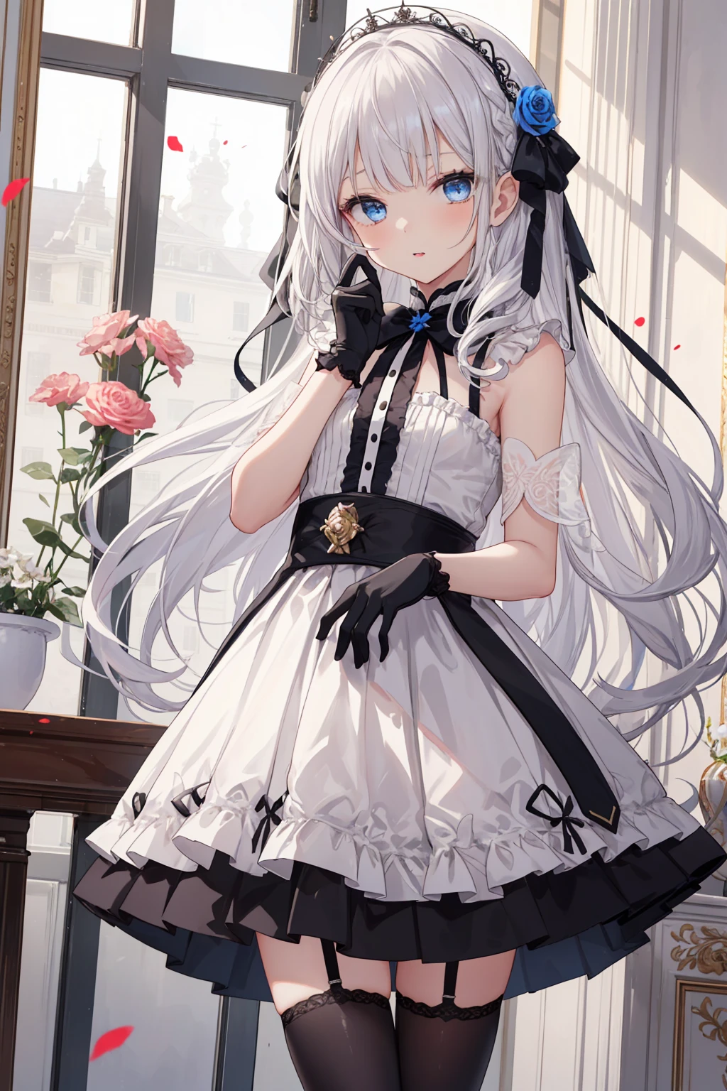 Superb Quality, Masterpiece, High Resolution, Best Quality, UHD, Super Detail, Award-Awarded, 16k, (Upper Body), A Beautiful Maiden, Gray Hair, Hair, ((Heterochromia)), Hanging Eye Corners, Fair Skin, (Small Breasts), (Slim Body), ((Miniskirt)), (Ribbon Collar), (Short gloves as short as half a palm)