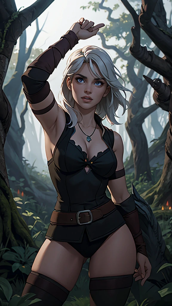 digital art, Ciri of the Witcher, masterpiece, best quality, sexy pose, at night forest