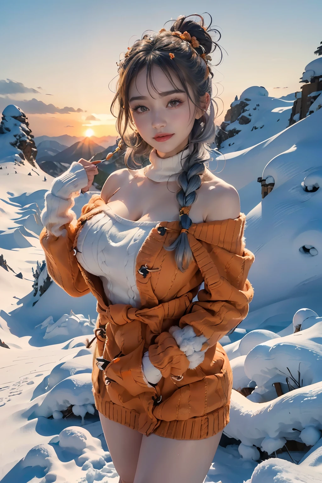 ,(3D Realistic Photography:1.3),(Make the subject look three-dimensional with the contrast of light and shadow),(((With the sunset in the background))),(((Winter snowy mountain climbing scenery:1.3))),cute and beautiful adult woman,Cute round face,Cute smile,with blush cheeks,Red Lip,(((Orange Open Short Duffle Coat:1.3))),(((Off-white off-shoulder sweater dress:1.3))),Knitted hats,long boots,gloves,(silver white hair,Floral braided headband,half up、Floral Braided Space Van,Voluminous Fishtail Braids,Twisted chignon,),(Bangs are see-through bangs),hair pin,hair adornments,(((Emphasize large breasts:1.3))),breast slip,detailed clothes features,Detailed hair features,detailed facial features,(Dynamic angles),(Dynamic and sexy poses),profetional lighting,Cinematic Light,(masutepiece,top-quality,Ultra-high resolution output image,) ,(The 8k quality,depth of fields,Anatomically accurate facial structure,),(Sea Art 2 Mode:1.3),(Image Mode Ultra HD,)