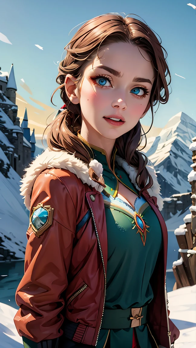 Photo of Anna of Arendelle as a bomber, Anna from Disney&#39;s Frozen movie, high and sexy,bomber, magnificent face, perfect body, provocative, Beautiful, show breasts, huge breasts, high, sexy legs, bursting huge breasts, Wide hips, busty, sexy, huge breasts, happy.