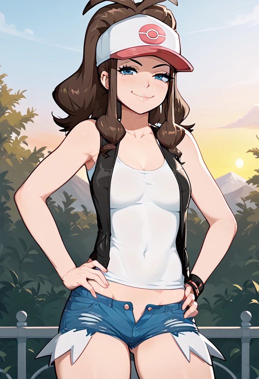 hilda( Pokémon)、  ponytail , hat、 tank top、 micro denim shorts, open fly 、 standing、
 best quality,  high definition , 1 girl, hand on hip,
 smiling, Outdoor, morning, noon, afrobull,smug, slutty, solo,