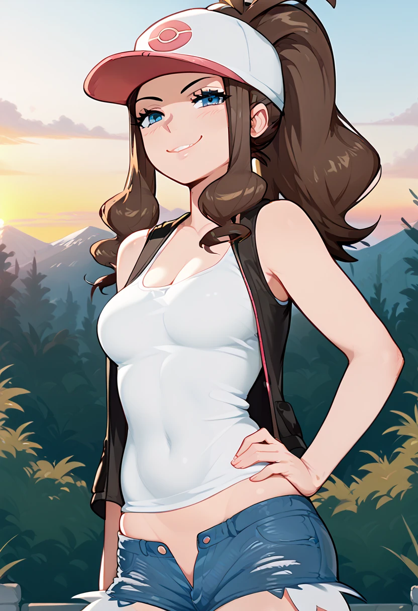 hilda( Pokémon)、  ponytail , hat、 tank top、 micro denim shorts, open fly 、 standing、
 best quality,  high definition , 1 girl, hand on hip,
 smiling, Outdoor, morning, noon, afrobull,smug, slutty, solo,