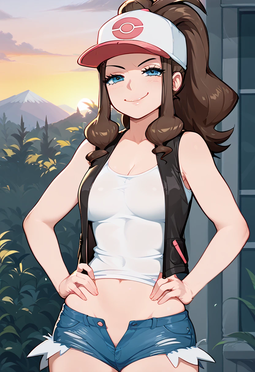 hilda( Pokémon)、  ponytail , hat、 tank top、 micro denim shorts, open fly 、 standing、
 best quality,  high definition , 1 girl, hand on hip,
 smiling, Outdoor, morning, noon, afrobull,smug, slutty, solo,