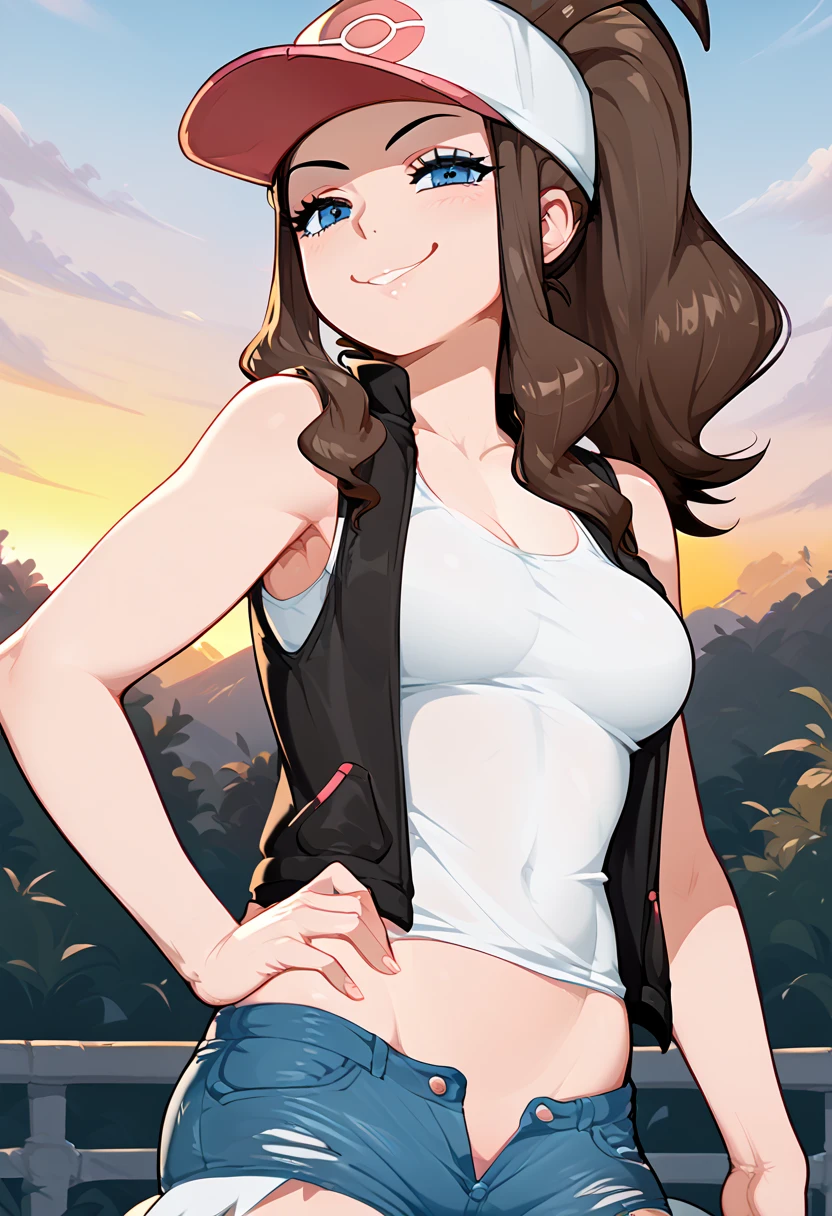 hilda( Pokémon)、  ponytail , hat、 tank top、 micro denim shorts, open fly 、 standing、
 best quality,  high definition , 1 girl, hand on hip,
 smiling, Outdoor, morning, noon, afrobull,smug, slutty, solo,