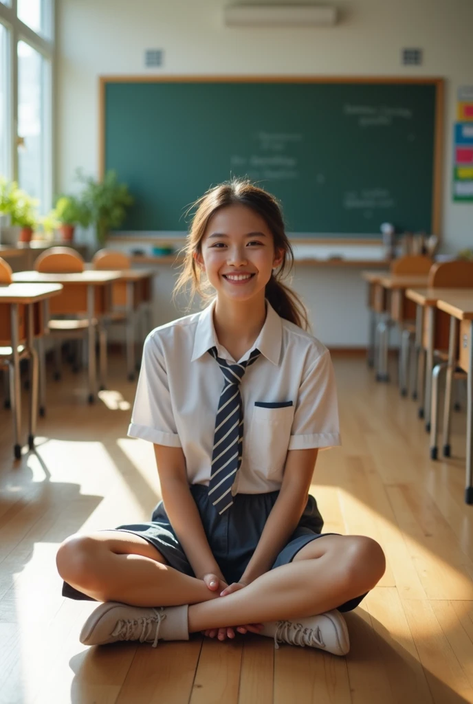 (peace master, best qualityer), 19 years old, , , Schoolgirl, schoolar uniform, skirt raised, patterned panties, Lying on the table, from behind, small background, class room, ssmile, fun, volumetric lighting, lighting sun, Ablaze