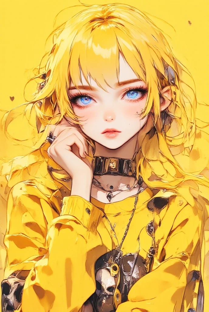  a close up of a young blonde woman with bangs ,  long false eyelashes , pink makeup,  lips painted with pink lips half-open chains like necklace ,  with a yellow sweatshirt and a skull ,  on a yellow ,  she carries a hand to her face black painted nails a small black heart tattoo, face slightly tilted to the side , camera from below,an anime drawing of Ilya Kuvshinov , pixiv, esteticismo,  artwork in the style of Guweiz ,  anime-style illustration , detailed portrait of an anime girl, anime vibes, Amazing Ilya Kuvshinov,  ilya Kuvshinov with long hair 