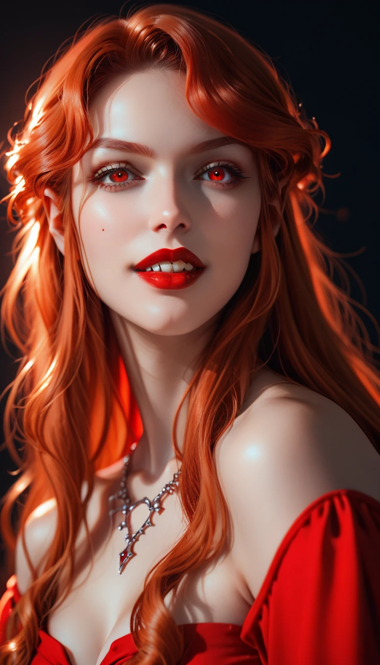 masterpiece,   high quality , 
  Cartoon style , anime ,    vibrant colors   ,     light-dark lighting   ,        with cannabis theme      ,
1 woman,    details inspired by the vampire Lenore    (   from Castlevania Netflix     )
long   red hair,   red hair,     red eyes    ,
((( half-length portrait , close-up,  red dress , deep neckline,   red eyes  detalhados,   detailed face, Teeth, red lipstick)))
dark background
