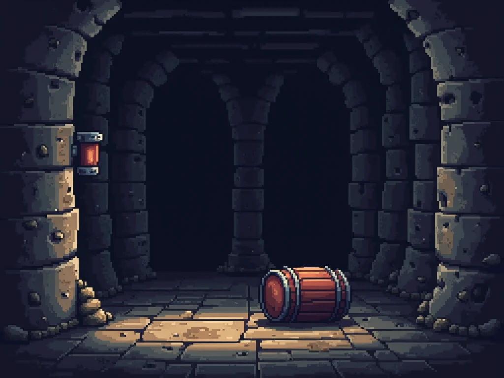 a darked videojuego pixel art 2D pixelated side-scrolling game with platformer tiles and ancient ruins, darkest dungeon and ancient ruins style themed, dark hallway where a barrel is positioned horizontally blocking the wayl