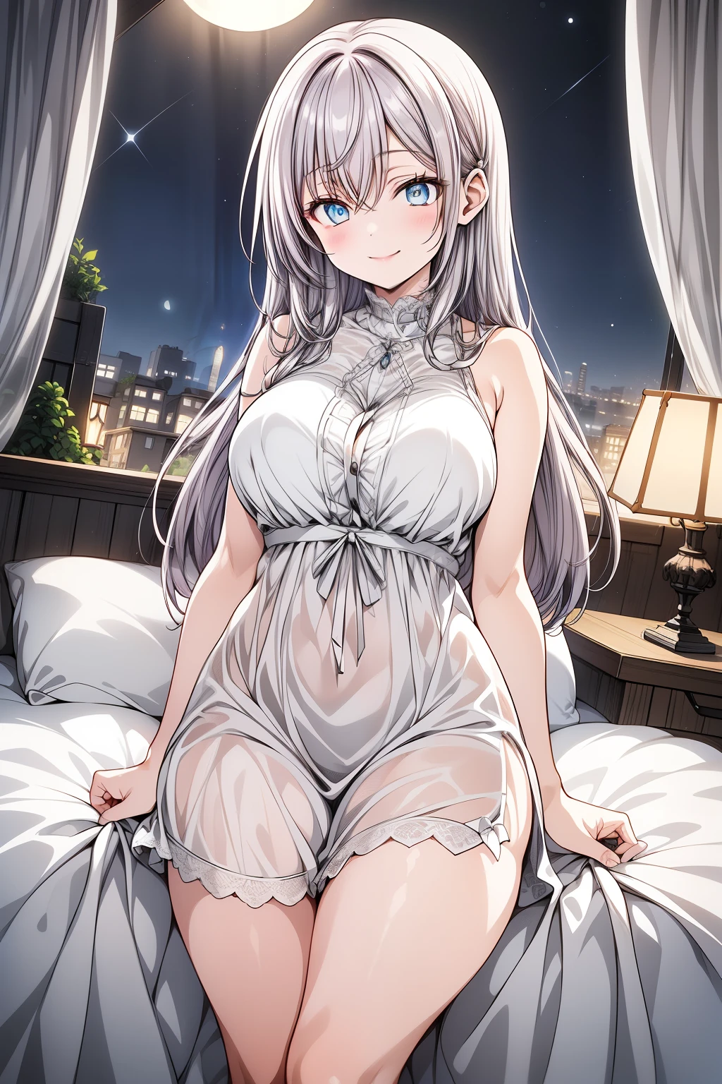 ""Anime-style artwork of a beautiful, youthful woman (20 years old) with a (slim yet slightly curvy figure), long, flowing white hair (softly shimmering under the moonlight), and (multicolored blue eyes) that sparkle gently. She is in a (cozy, elegant bedroom) bathed in the soft glow of a (large, radiant full moon) streaming through a (tall window with sheer curtains). Her expression radiates warmth and charm, with a (bright, captivating smile) that adds a sense of joy and serenity to the scene. She wears a (graceful nightgown in pale blue or silver) with delicate lace details and flowing fabric that gently hugs her figure, reflecting the moonlight. The room features (a comfortable bed, plush cushions, and a glowing bedside lamp), creating an inviting and tranquil atmosphere. She stands by the window, lightly touching the glass, as the moonlight bathes her and highlights her gentle elegance. The overall mood is peaceful, magical, and full of life, with soft shadows and subtle starlight enhancing the night."