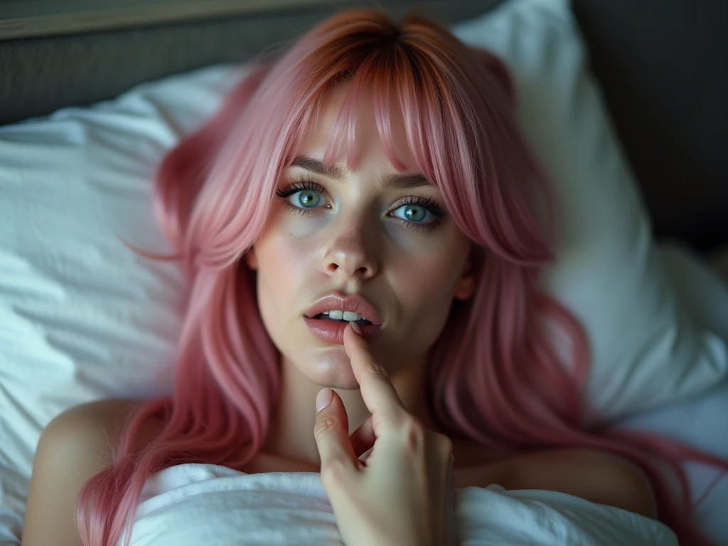 (a woman:1.1),(pink hair:1.1),(laying on a bed:1.1),(alluring, seductive), (voluminous 80s big hair:1.1),(bright blue eyes:1.1),(vivid color:1.1),tumblr,(curvy hourglass figure:1.1),(photo-realistic:1.37),(busty:1.1),(4k high res:1.2)