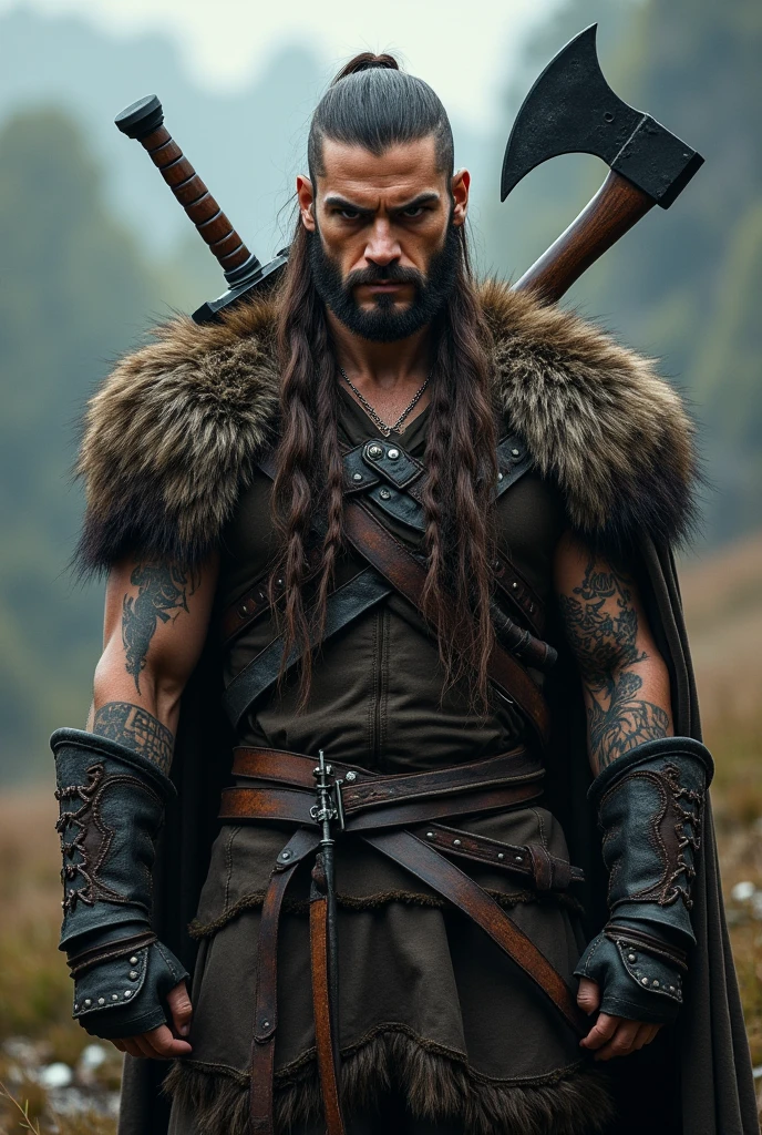 an older male human in full studded leather armour, he's holding a longbow and has a long brown cloak with furs, his hair is brown in a short mow-hawk with a ponytail and has a demented look to him, his beard is braided, the background is a forest, extensive tattoos on hos face and body are faded green