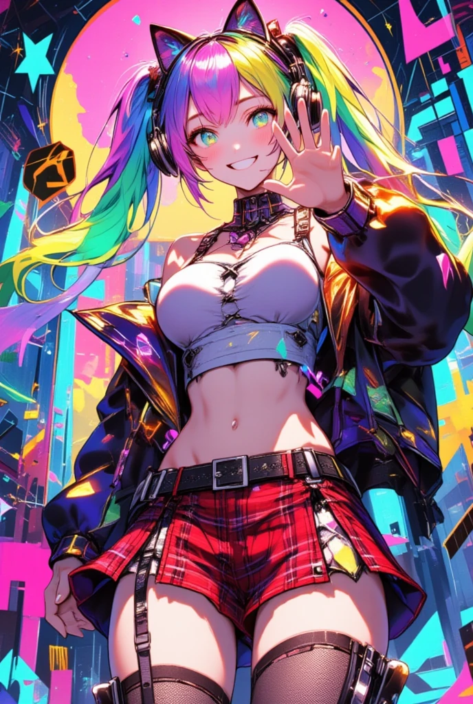 1girl, aldult, (multicolored hair, colored inner hair, pink hair, rainbow hair, huge twintails), behind-the-head headphones, heart hair ornament, musical note hair ornament, musical note hair ornament, mismatched pupils, aqua eyes, cat ear headphones, grin, (Bustier, Abdomen and navel are visible,  shows shoulders, Armpit,  Big Breasts ,  soft breasts , anatomically correct), ( Red and Black Plaid Mini Skirt, Sheer Black Garter Belt , Slender legs),  Wave at Viewers, (UHD, masterpiece, best quality,  highres icon, anatomically correct:1.4),  background with musical notes and music chord chart motifs, Cyber digital art 