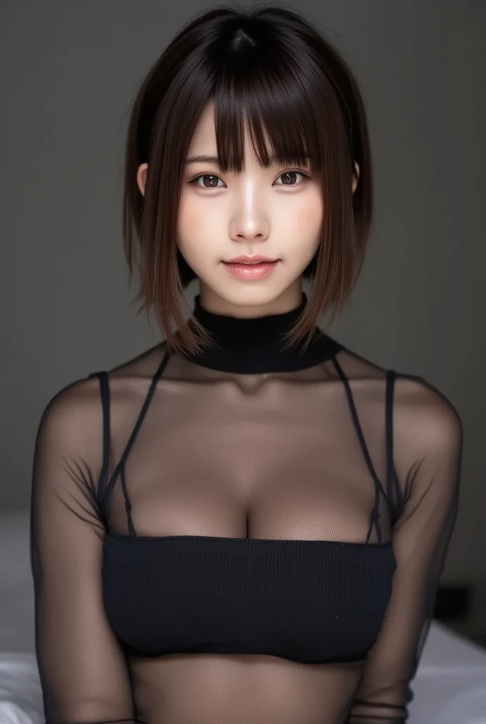 8k, RAW Photo, Best Quality, Masterpiece:1.2),(Realistic, photo-realistic:1.37), Super Detail, She is wearing tight thin fitting transparent black long sleeve turtleneck , no pants, no skirts, transparent black pantyhose, cinematic lighting, sexy pose, monotone background, facing front, smiling, portrait, dressed up to the belly button, dressed up to the neck
