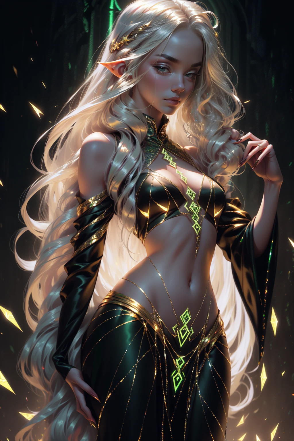 Full body shot, ((masterpiece))), (((best quality))), ((ultra-detailed)), (hyperrealistic), (highly detailed CG illustration), ((an extremely delicate and beautiful)),cinematic light, Create a stunning anime artwork that is currently trending on ArtStation, showcasing exquisite beauty and captivating aesthetics. The art piece should be highly detailed, featuring a compelling character and a visually appealing environment.
The character in the artwork is a graceful and enchanting figure, radiating an aura of elegance. Pay close attention to intricate facial features, such as mesmerizing eyes with vibrant colors and delicate shading. Hair ((turquoise, long, floating in the air, wrapped around her))).
The character's clothing should be designed with elaborate patterns, flowing see-through fabrics, lace, and rich textures, reflecting a blend of fantasy and contemporary fashion. cleavage, bare stomach. bare legs
Place the character in a captivating ethereal environment that enhances the overall appeal of the artwork. a mystical realm filled with magical elements. Incorporate vibrant colors, dynamic lighting, and detailed background elements to create a sense of depth and immersion.
Consider the latest trends in anime art, such as incorporating unique lighting effects, exploring creative composition techniques, or experimenting with unconventional color palettes.
Take inspiration from the top artists on ArtStation and their exceptional execution of various art styles and themes. Camera: Choose an angle that highlights the character's beauty and the immersive environment. Lighting: Utilize atmospheric lighting techniques to create depth and mood. Resolution: Aim for a high-resolution artwork to showcase intricate details and clarity. Art Inspirations: Seek inspiration from the trending artists on ArtStation, exploring different styles, genres, and themes.