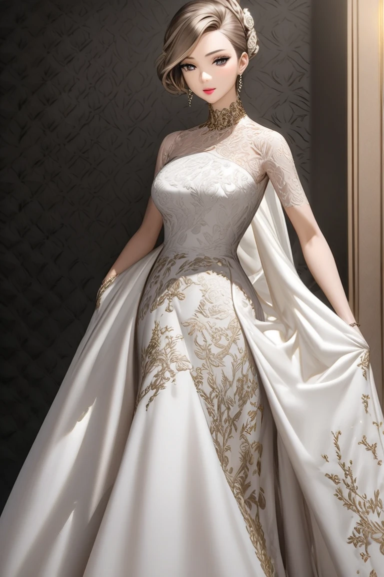 A 25-year-old woman with a flawless, sculpted physique that radiates elegance and grace. She is dressed in a full-length, luxurious silk gown adorned with intricate, masterpiece-level patterns. The gown drapes perfectly over her body, highlighting every curve with a mesmerizing flow. The silk fabric shimmers with a soft glow, and the detailed patterns on the gown add an extra layer of sophistication. The entire scene is depicted in a highly realistic style, showcasing her stunning beauty and allure with impeccable detail, creating an image that is both captivating and lifelike