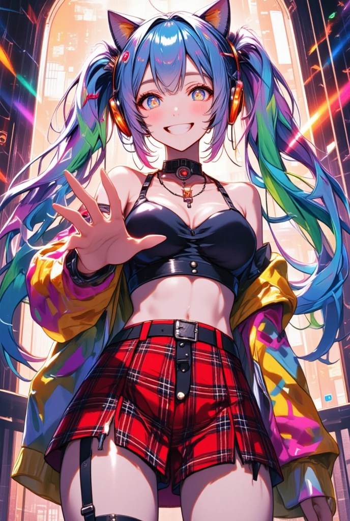 1girl, aldult, (multicolored hair, colored inner hair, pink hair, rainbow hair, huge twintails), behind-the-head headphones, heart hair ornament, musical note hair ornament, musical note hair ornament, mismatched pupils, aqua eyes, cat ear headphones, grin, (Bustier, Abdomen and navel are visible,  shows shoulders, Armpit,  Big Breasts ,  soft breasts , anatomically correct), ( Red and Black Plaid Mini Skirt, Sheer Black Garter Belt , Slender legs),  Wave at Viewers, (UHD, masterpiece, best quality,  highres icon, anatomically correct:1.4), Background with musical notes and music chord chart motifs:1.2, Cyber digital art 