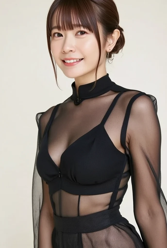 ((top-quality、8k、masterpiece:1.3))、Pretty women、1 female、爆乳:1.3、(Toned abs、Slender body type:1.1)、amorous、dark brown hair、hyperdetailed face、detailed lips、A detailed eye、二重まぶた、formal pants、Wide pants、Gaucho Pants、sleeveless、Front opening、v neck、Delicate skin、