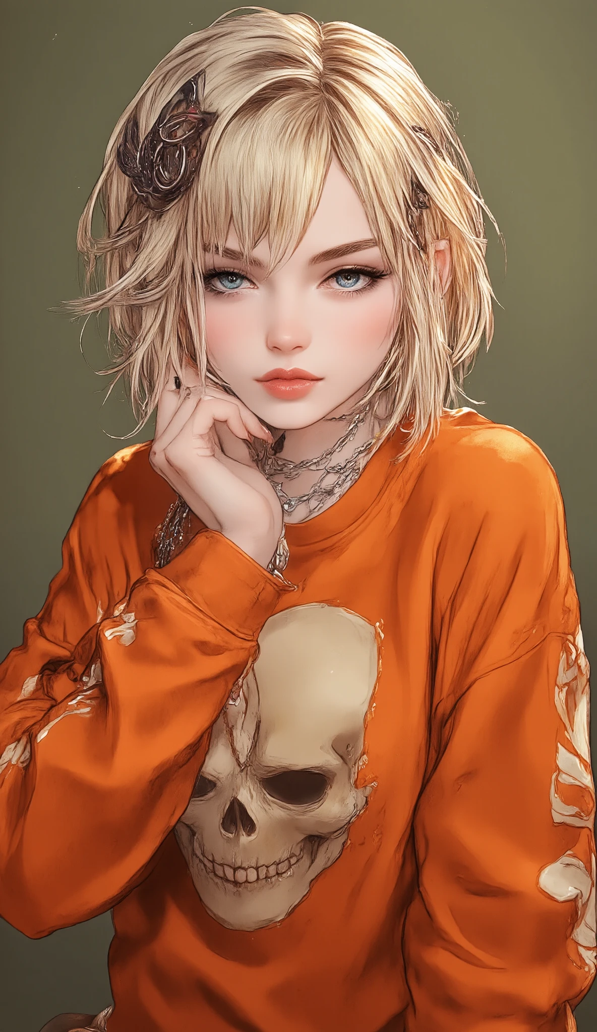  a close up of a young blonde woman with bangs ,  long false eyelashes , pink makeup,  lips painted with pink lips half-open chains like necklace ,  with an orange sweatshirt and a skull , on an olive green background ,  he carries a hand on his face nails painted black a small black heart tattoo, face slightly tilted to the side , camera from below,an anime drawing of Ilya Kuvshinov , pixiv, esteticismo,  artwork in the style of Guweiz ,  anime-style illustration , detailed portrait of an anime girl, anime vibes, Amazing Ilya Kuvshinov,  ilya Kuvshinov with long hair , UHD, Retina,  masterpiece , Accurate, Super detail, high details,  high quality ,  award winning , best quality, highres, 1080P, HD, 16K
