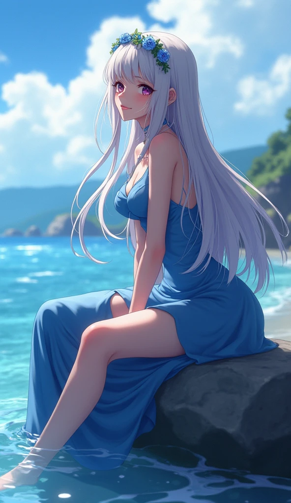 Anime girl with long hair and blue dress sitting on a rock by the water, concept art provided by Fanci, Artstation contest winner, fantasy art, a beautiful fantasy queen, beautiful seductive anime women, beautiful teenage girl, exquisite digital art work, beautiful fantasy girl, japanese goddess, 8k high definition high quality detail image, 2. 5d cgi anime fantasy art work, trending on cgstation