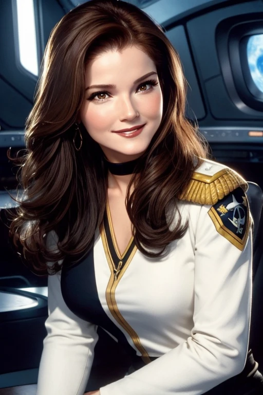 a 20 year old sexy space babe, beautiful captain Janeway with long luscious brown hair, eyeliner, lipstick, eyeshadow, flirty smile, cute glint in her eye, youthful enthusiasm, on the bridge of the enterprise, wearing a tng uniform, refined face detail,