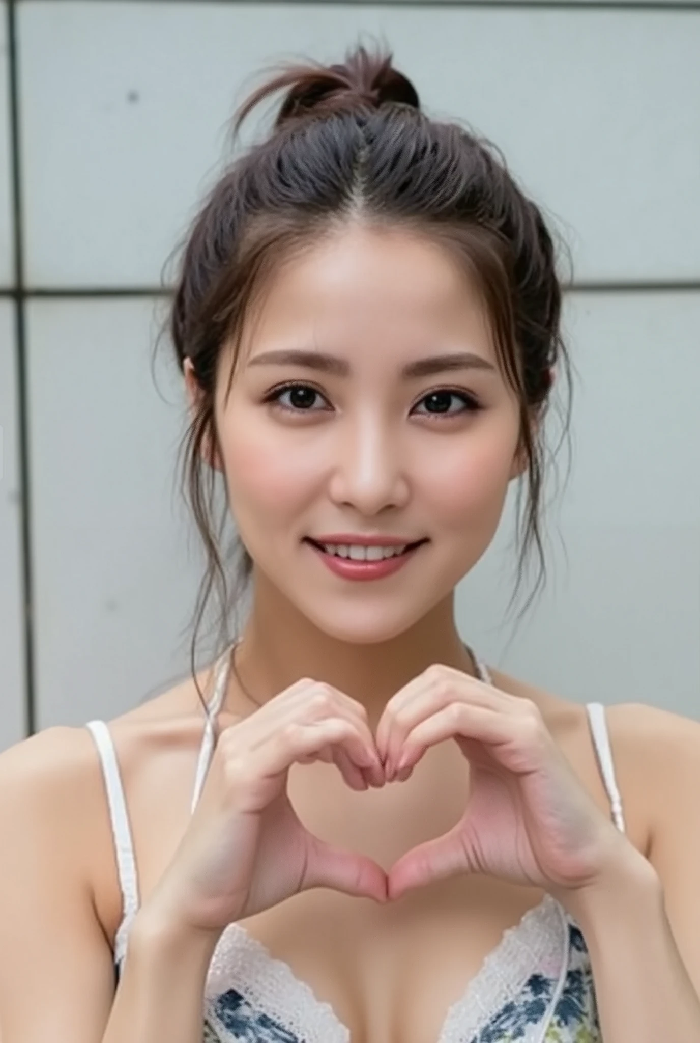 Only one smiling woman poses wearing cute pajamas with only her shoulders exposed, making a firm big heart shape with both hands, and holding them in front of her chest, View above collarbone、The background is a monotone 、
