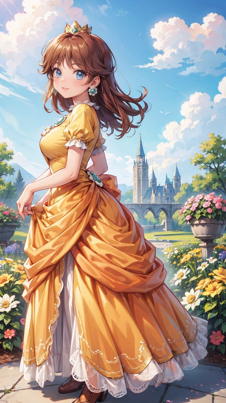 ((((masterpiece, best quality ,Ultra delicate, perfect face,detailed face,Detailed eyes,16k,high resolution,solo)))),Princess daisy super mario, brown hair, blue eyes, short products hair, gold princess crown, flower earrings, yellow long dress, puffy short sleeves, flower brooch, smile, flower garden, sky, cloudy sky, anime waifu style,full body shot,large breasts