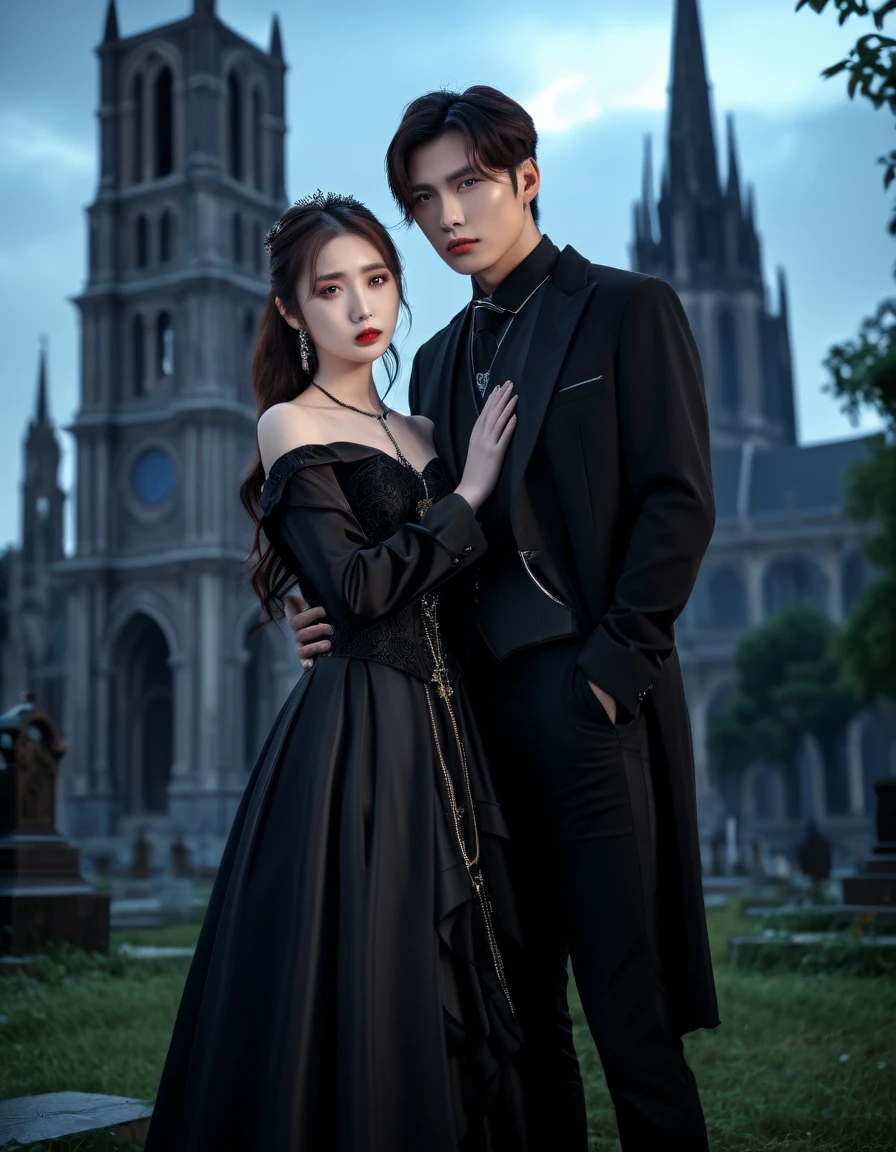 image of a couple in formal clothes ,  Korean man with brown hair short brown eyes , black silk tie , black silk shirt, black jacket , black pants hugs a girl who cries of European appearance ,  blue eyes,  brown long hair ,  long black strapless funeral dress standing in front of graves with fantastic lights, kramskoi 4 k,  ecological gothic scene , gothic church background , neo gothic , gothic romance, Ruins in the background,  cathedral background ,  Stunning arcanum in the background ,  gothic lock in the background ,  behind her gothic cathedral , Victorian Gothic,  arcanum style series  (1 girl, 1 man)  realistic image , masterpiece,  artwork,  hyperrealistic , rendering ,  realistic physical rendering ,  photorealistic rendering ,  highly detailed ,  high-quality render ,  architectural rendering ,  very realistic 3D render ,  realistic image 