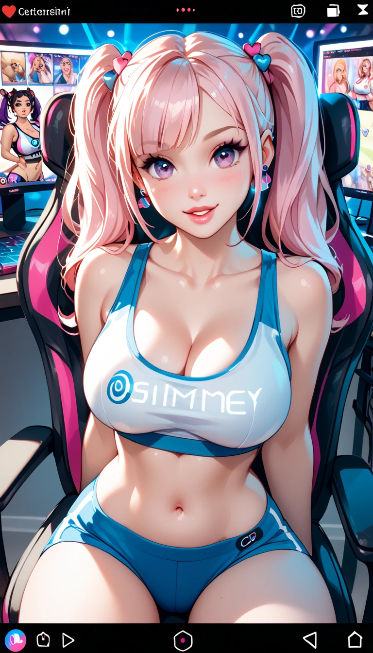 masterpiece, best quality, highly dramatic picture, beautiful eyes, cinematic lens effect, big beautifully shaped breasts , ultra cute, ultra sexy, ultra bouncy , ultra curvy , horny , pervert, ((Busty Bitches)),  ecchi girl, gamer girl, gamer chair, black sports bra, pink pigtails, streaming , Holo-Punk Style